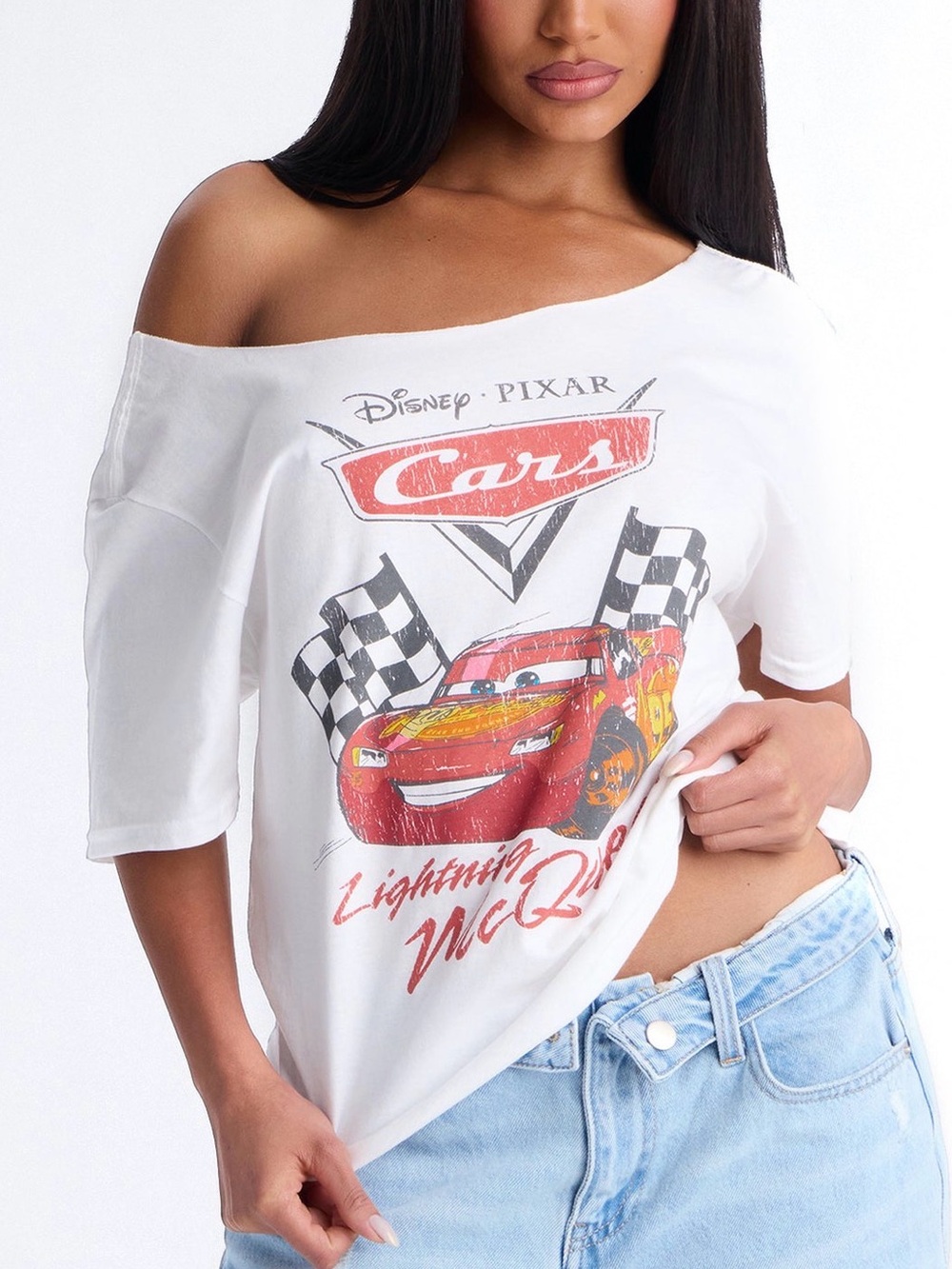 Fashion Nova White Cars Lightning McQueen Off-Shoulder Tee